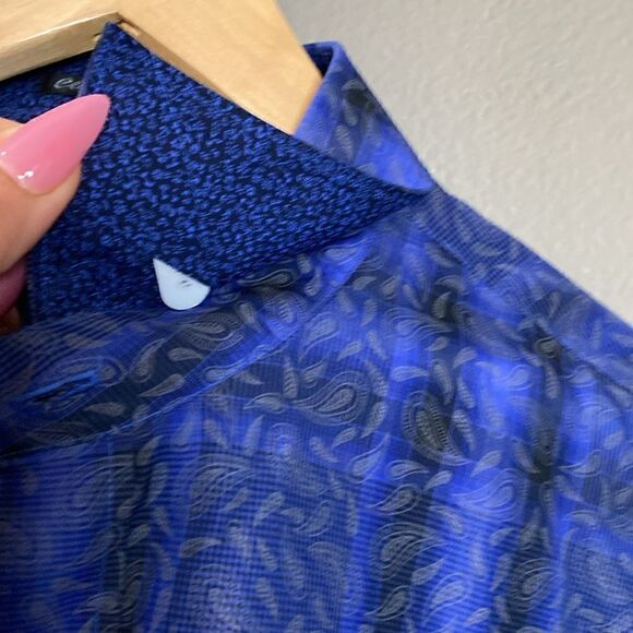 Bugatchi Uomo Dark Blue Medium Blue Plaid Paisley Print Button Down Dress Shirt - Picture 6 of 15